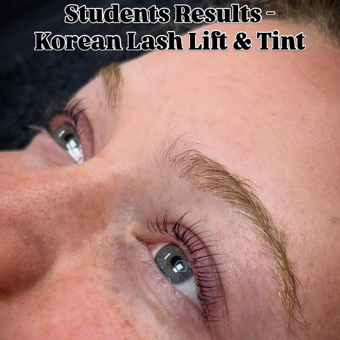 Close-up of an eye with lash lift, labeled 'Students Results - Korean Lash Lift & Tint'.