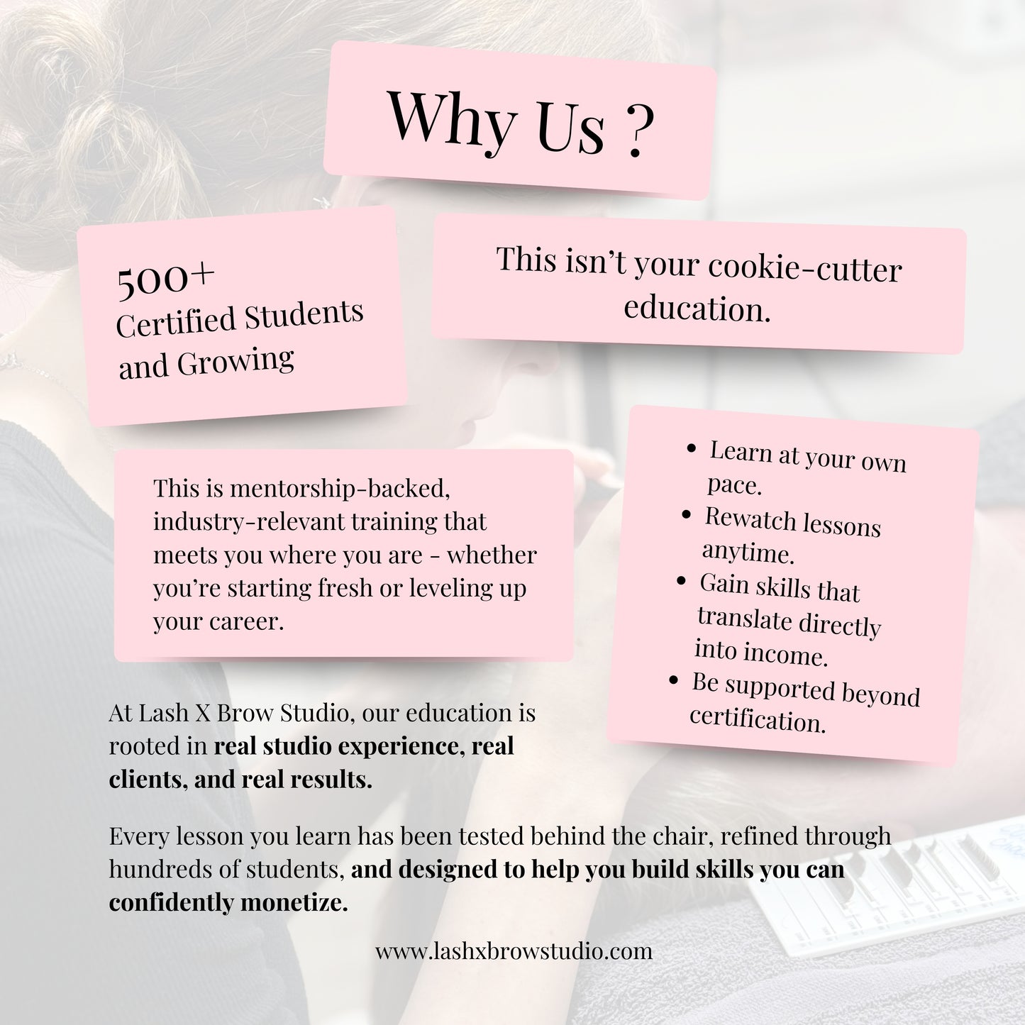 Lash X Brow Studio online and in-person lash training highlighting mentorship-backed education and over 500 certified students