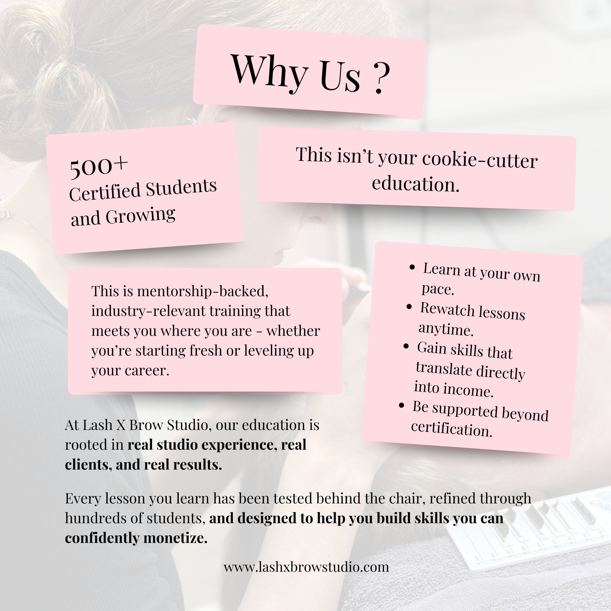 Lash X Brow Studio online and in-person lash training highlighting mentorship-backed education and over 500 certified students