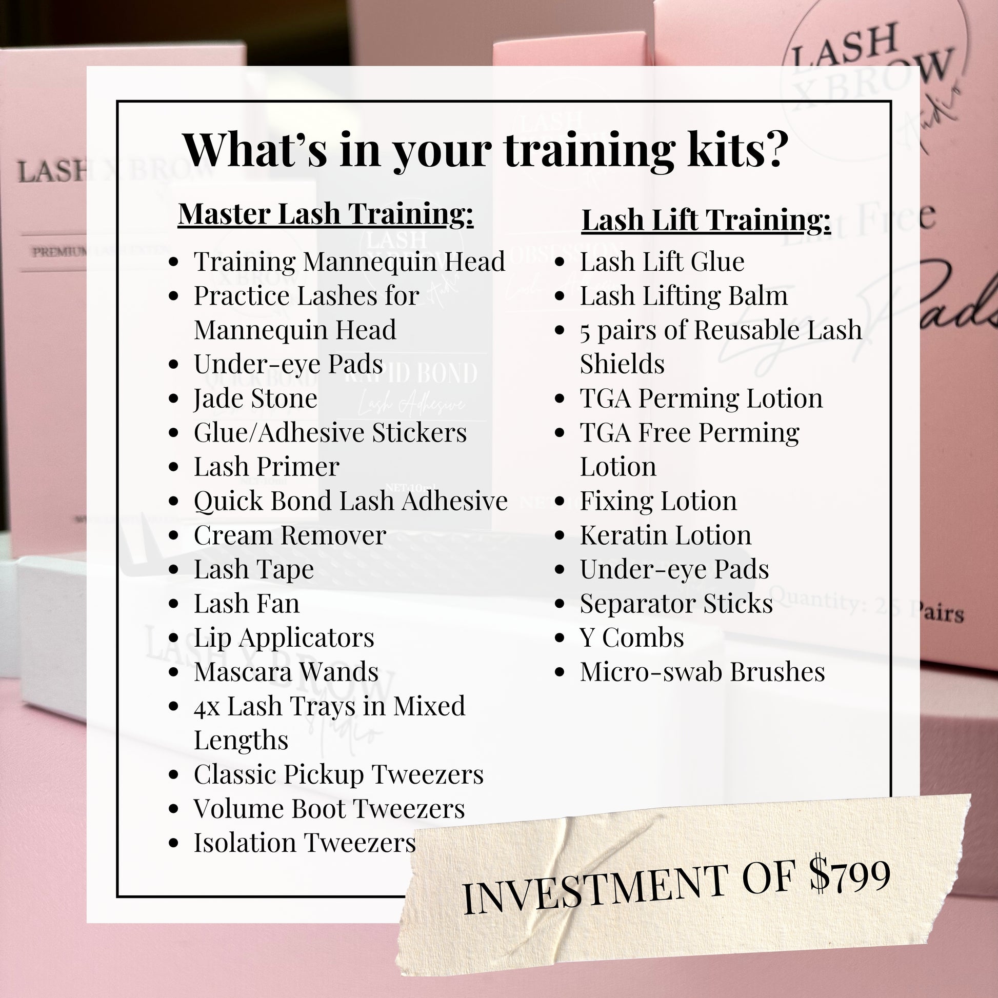 Lash X Brow Studio professional lash training kits included with online and in-person lash courses, featuring lash extension tools and lash lift supplies