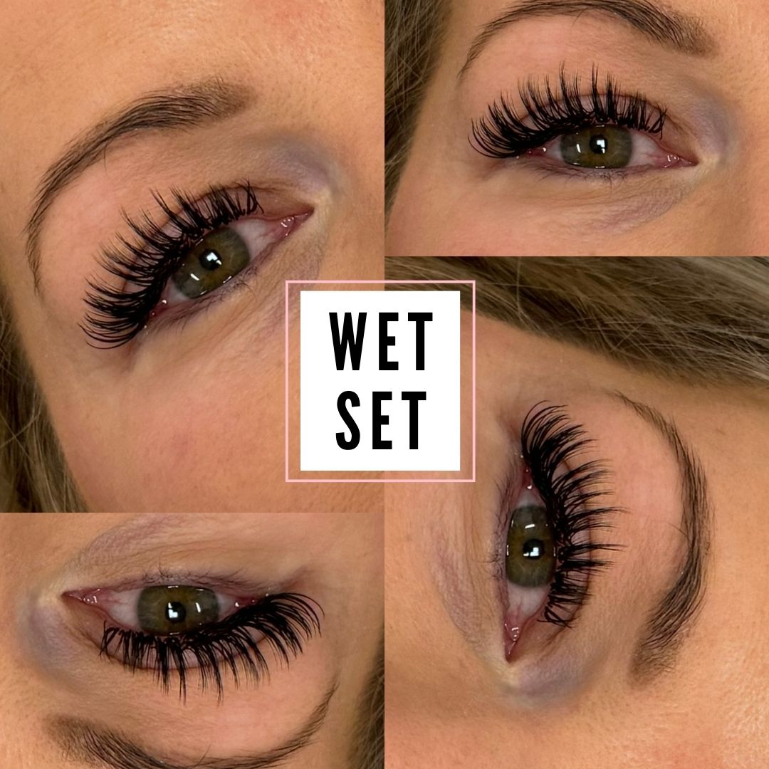 Close-up of eyes with false eyelashes labeled 'Wet Set'.