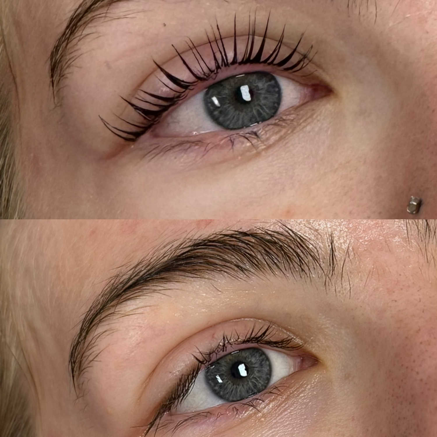 Close-up of a person's eye with and without lash lift.