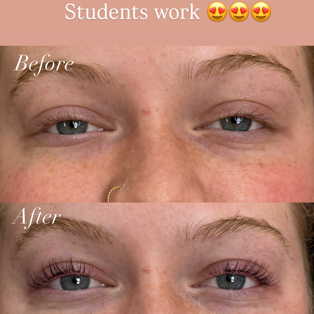 Before and after comparison of a Korean Lash Lift & Tint service with model's eyes.
