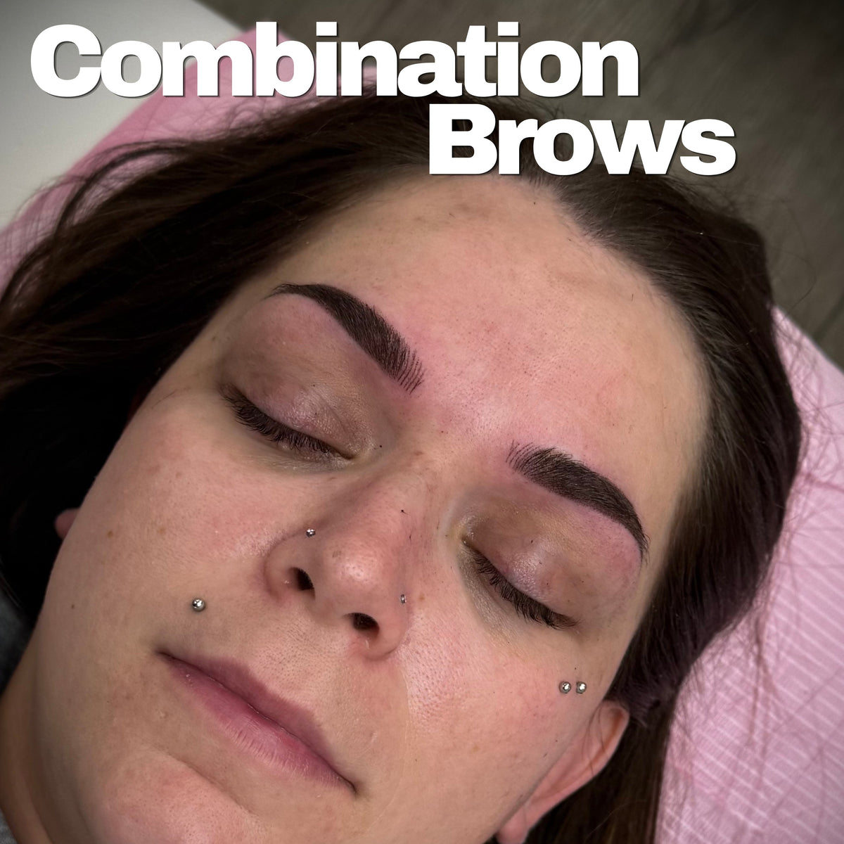 A close-up of a woman lying down with her eyes closed, showing completed dark eyebrow makeup. Large white text at the top reads 'Combination Brows' and script text at the bottom reads 'Permanent Makeup'.