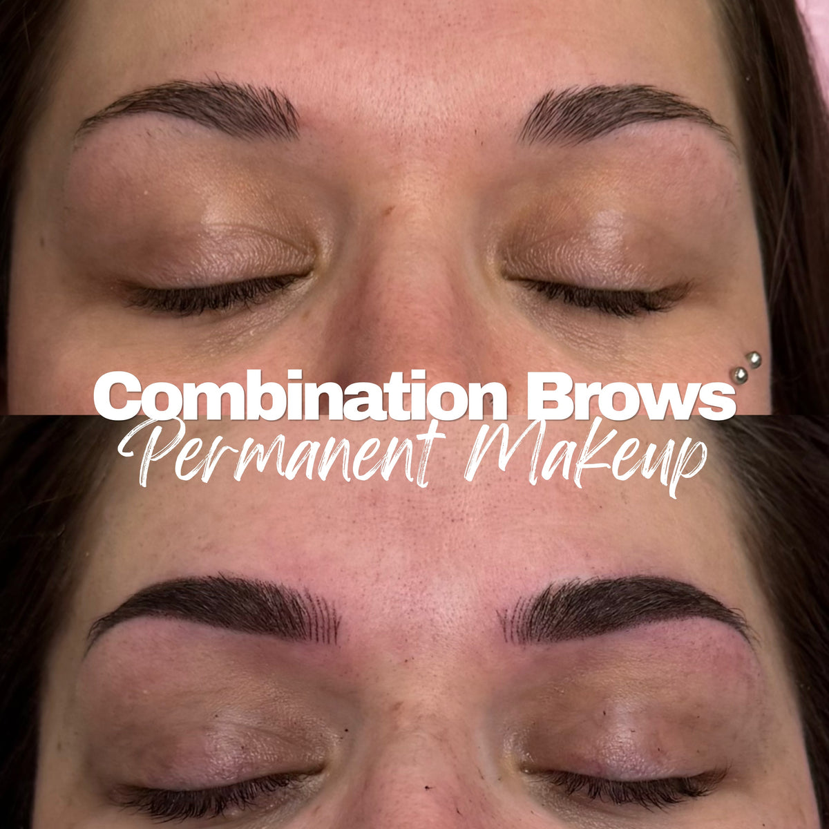 Before and after comparison of a woman's eyebrows, showing sparse natural brows at the top labeled 'before.' and fuller, shaped dark brown brows at the bottom labeled 'after.